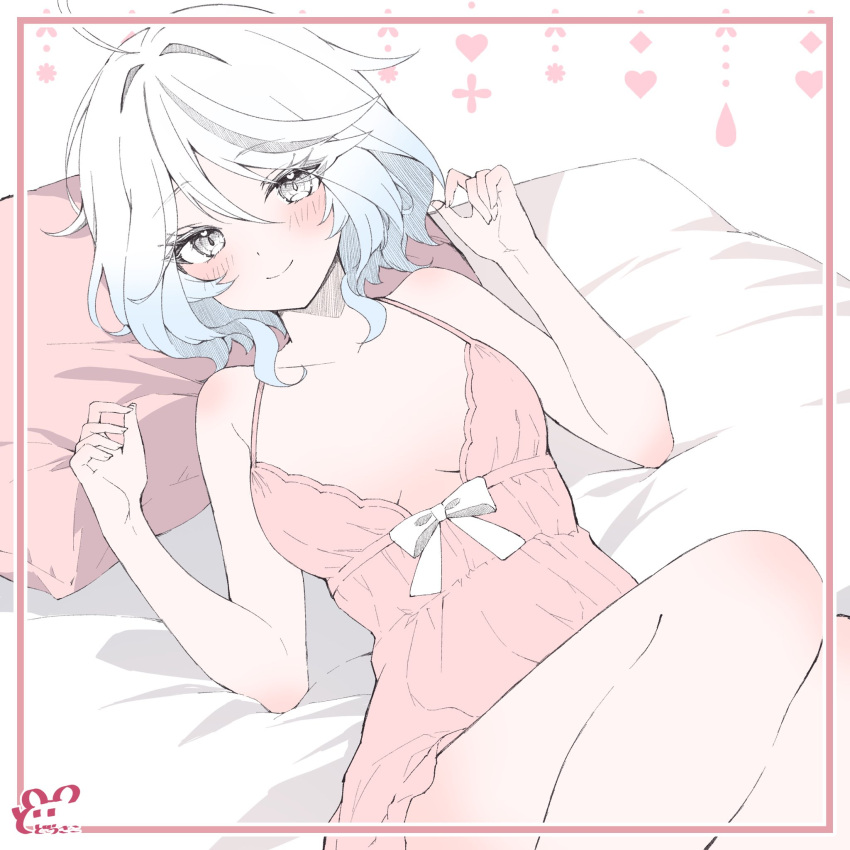 1girl bed blue_hair bow bowtie dodosako drop-shaped_pupils frame furina_(genshin_impact) genshin_impact heart highres light_blue_hair lying mismatched_pupils on_back on_bed pillow short_hair simple_background sleepwear solo symbol-shaped_pupils white_bow white_bowtie