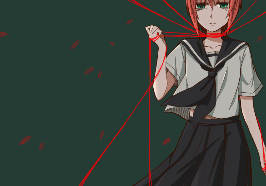 1girl absurdres bags_under_eyes black_sailor_collar black_skirt closed_mouth delfuze empty_eyes falling_petals green_background grey_shirt hatori_chise highres mahou_tsukai_no_yome medium_hair negative_space petals pleated_skirt red_hair sailor_collar school_uniform serafuku shirt short_sleeves simple_background skirt solo strangling string string_of_fate