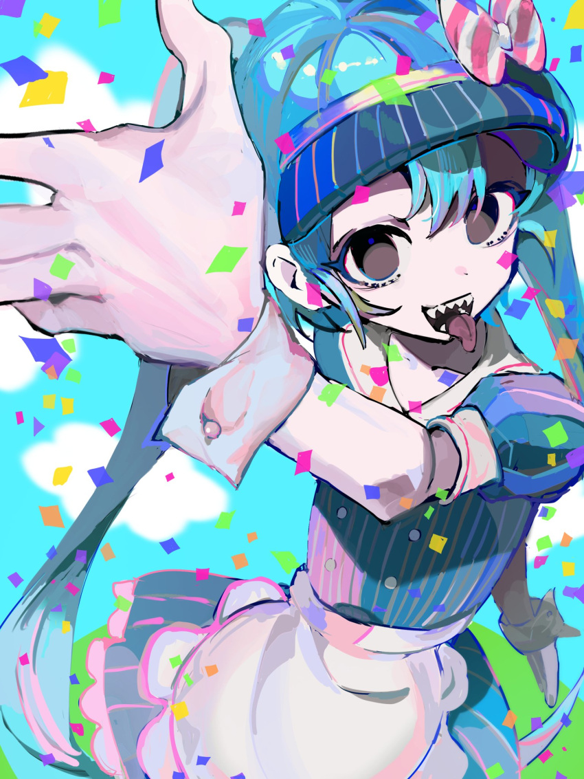 1girl apron black_eyes black_mouth bow confetti dress empty_eyes foreshortening from_above hatsune_miku highres mesmerizer_(vocaloid) open_mouth pinstripe_dress pinstripe_hat pinstripe_pattern puffy_short_sleeves puffy_sleeves reneshoku_purin sharp_teeth short_sleeves smile solo striped_bow teeth tongue tongue_out visor_cap vocaloid waitress white_apron wrist_cuffs