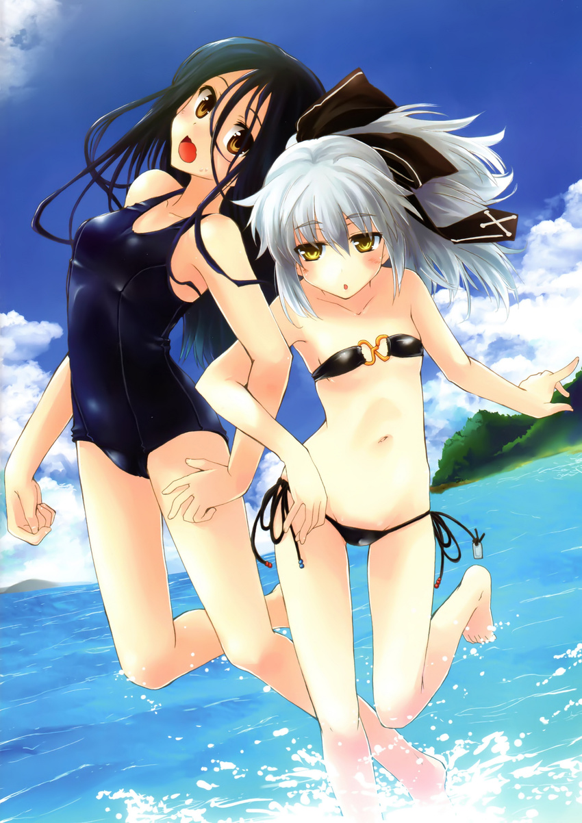 absurdres bandeau bikini black_bikini black_hair black_ribbon blue_swimsuit brown_eyes cloud collarbone day flat_chest hair_ribbon highres long_hair makita_yoshiharu multiple_girls navel ocean one-piece_swimsuit open_mouth original outdoors ribbon school_swimsuit side-tie_bikini silver_hair sky swimsuit yellow_eyes