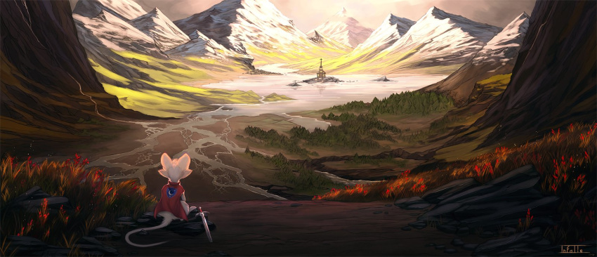 2018 amazing_background ambiguous_gender cape clothing detailed_background digitigrade fur grass infalle_(artist) lake landscape lighting looking_away mammal melee_weapon mountain mouse river rodent semi-anthro sitting solo sword tree water weapon white_ears white_fur white_tail