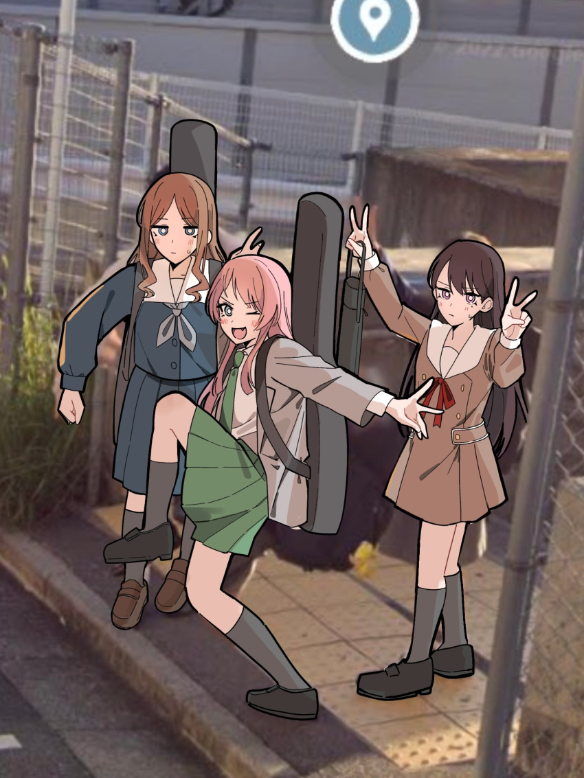 3girls bang_dream! bang_dream!_it's_mygo!!!!! black_footwear black_socks blue_eyes blue_serafuku blue_shirt blue_skirt blush brown_dress brown_footwear brown_hair chihaya_anon closed_mouth collared_shirt commentary_request double_v dress fang google_maps green_necktie green_skirt grey_jacket grey_neckerchief hanasakigawa_school_uniform haneoka_school_uniform high_school_girls_posing_for_google_street_view_(meme) highres instrument_case instrument_on_back jacket kneehighs loafers long_hair long_sleeves looking_at_viewer meme mole mole_under_eye multiple_girls nagasaki_soyo nanami_(nunnun_0410) neck_ribbon neckerchief necktie one_eye_closed open_clothes open_jacket open_mouth parted_bangs photo_background pink_hair pleated_dress pleated_skirt purple_eyes red_ribbon ribbon sailor_collar sailor_dress school_uniform serafuku shiina_taki shirt shoes sidelocks skirt socks sweatdrop tsukinomori_school_uniform v white_sailor_collar white_shirt