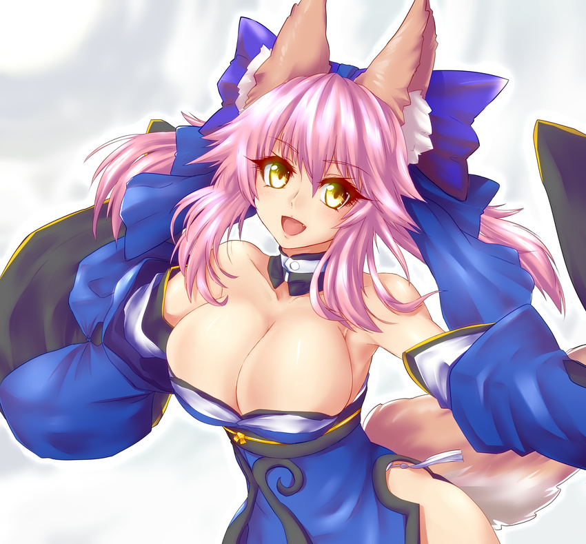 animal_ears caster_(fate/extra) cleavage fate/extra fate/grand_order fate/stay_night minarai_tenna no_bra nopan open_shirt tail