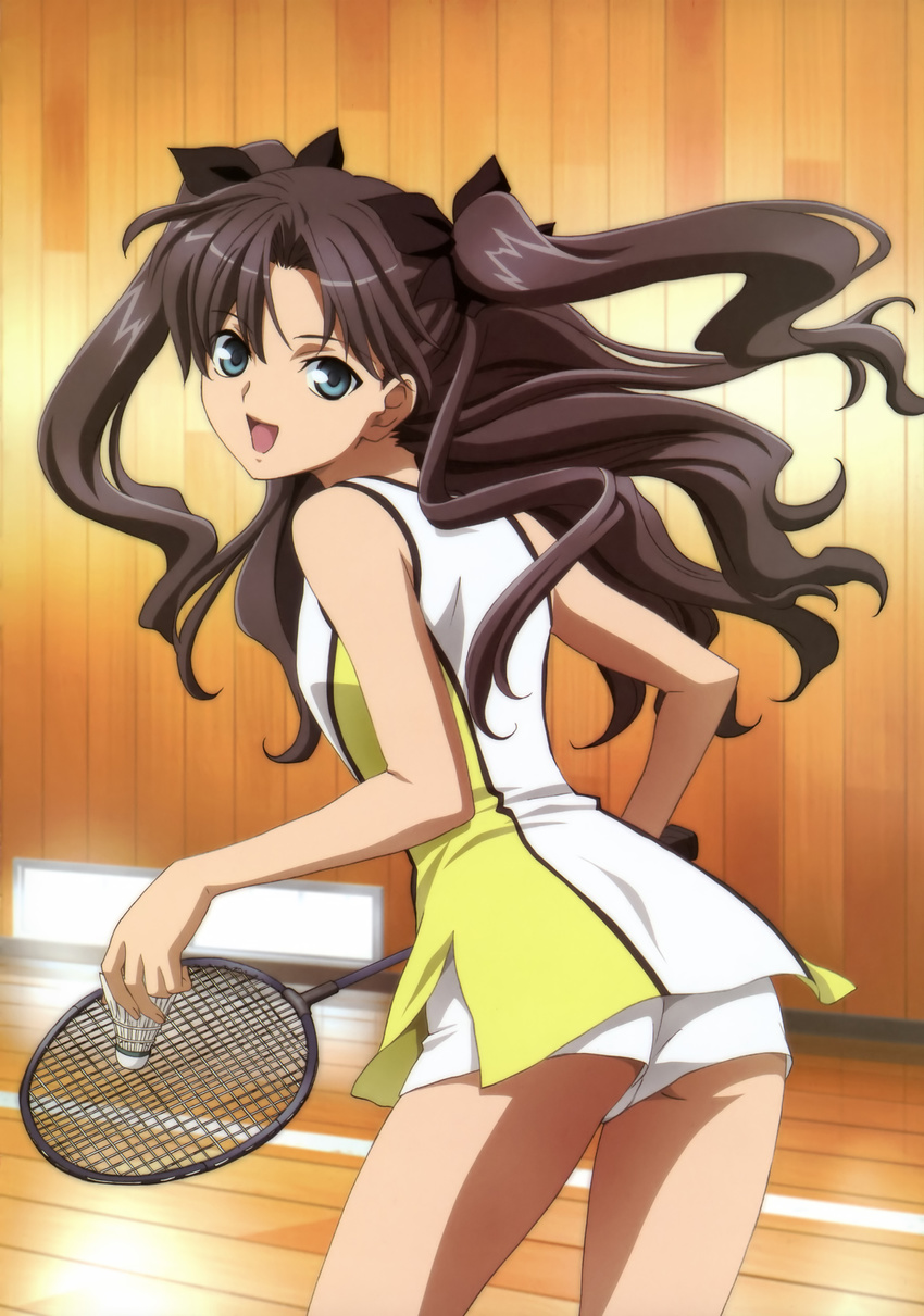 :d absurdres ass badminton badminton_racket black_hair bow fate/stay_night fate_(series) green_eyes gym_uniform hair_bow highres kikuchi_youko long_hair looking_at_viewer looking_back non-web_source official_art open_mouth racket shorts shuttlecock smile solo sportswear tennis_uniform toosaka_rin two_side_up