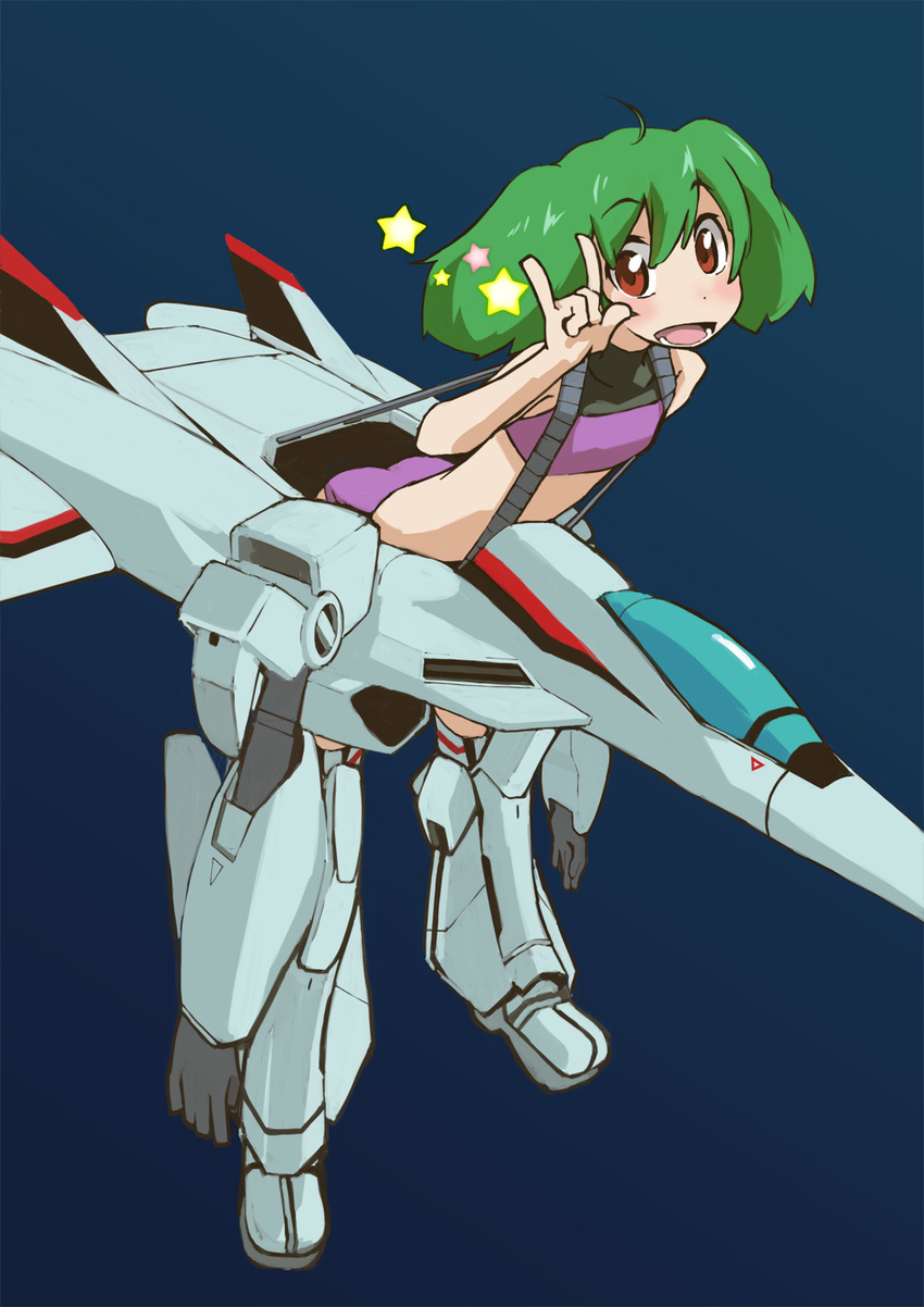 \m/ cosplay flat_chest gerwalk green_hair highres macross macross_frontier macross_frontier:_itsuwari_no_utahime mecha ranka_lee red_eyes seikan_hikou solo star tugeneko vf-25