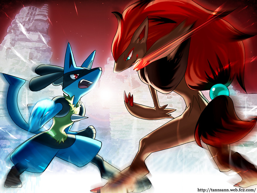 animal bad_id bad_pixiv_id battle duel epic gen_4_pokemon gen_5_pokemon lucario no_humans pokemon pokemon_(creature) zoroark