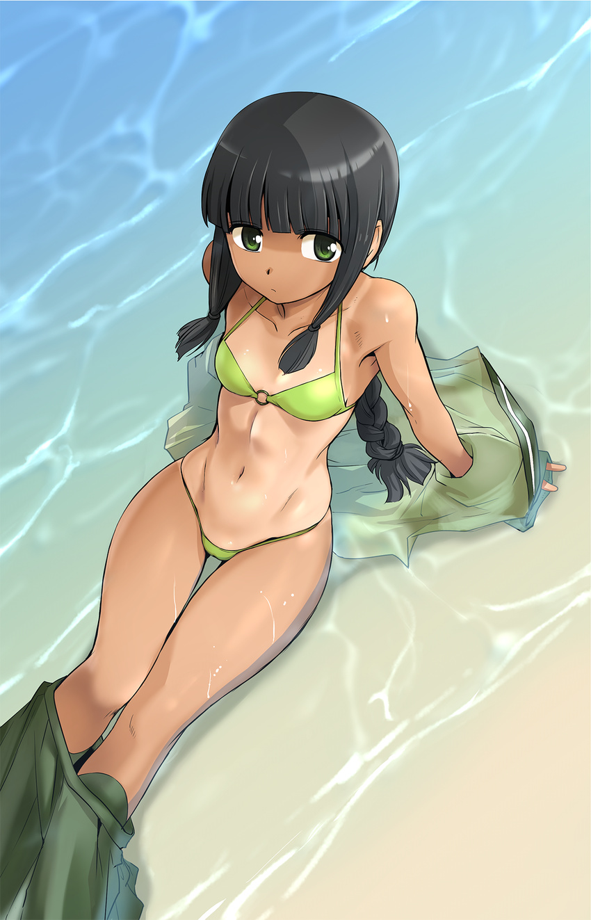 bikini cleavage ez6 kantai_collection kitakami_(kancolle) open_shirt seifuku swimsuits tan_lines wet