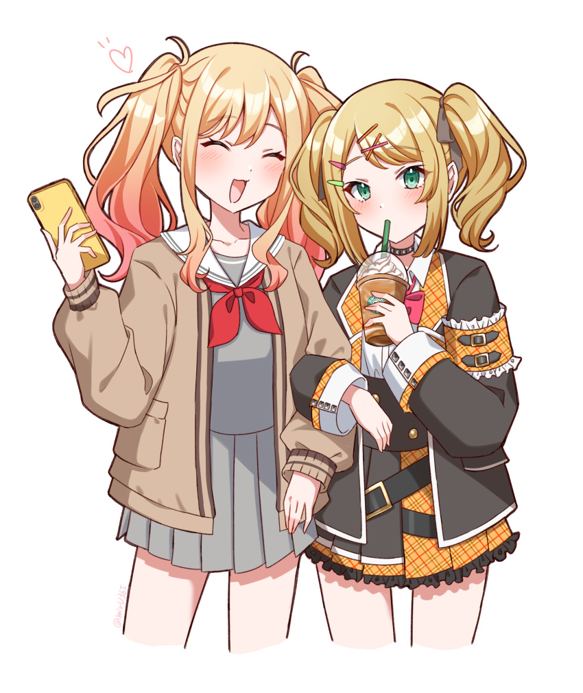 2girls absurdres blonde_hair blush collarbone drink drinking eyelashes frilled_skirt frills gradient_hair green_eyes grey_skirt hair_ornament heart highres holding holding_drink holding_phone jacket kagamine_rin locked_arms long_hair long_sleeves looking_at_viewer mirumiru_(miru36i) multicolored_hair multiple_girls open_mouth phone pink_hair pleated_skirt project_sekai sailor_collar school_uniform shirt short_twintails sidelocks skirt smile studded_choker tenma_saki twintails vocaloid white_background