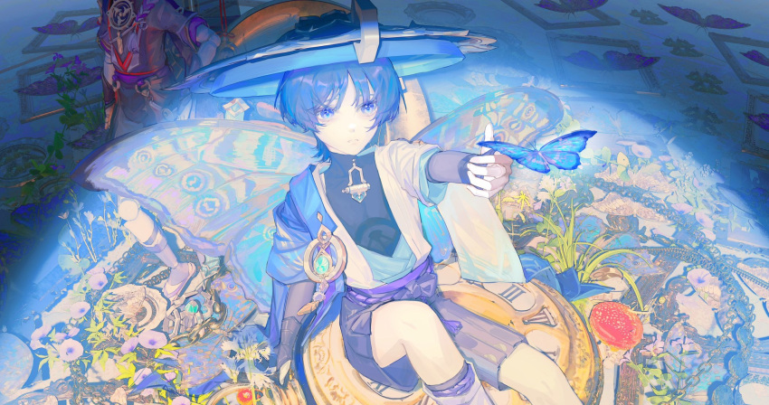 2boys analog_clock anemo_symbol_(genshin_impact) aqua_kimono aqua_sleeves arm_at_side armor bell belt black_belt black_bodysuit black_bow black_eyes black_hair black_kimono black_shorts black_sleeves black_socks blue_cape blue_hat blunt_ends bodysuit bow bridal_gauntlets bug butterfly butterfly_wings cape clock covered_collarbone doll_joints dterl dual_persona feathers flower genshin_impact gold grass hakama hakama_shorts han'eri hand_on_own_hip hat head_out_of_frame highres insect_wings japanese_armor japanese_clothes jingasa joints kimono kote kurokote layered_clothes layered_kimono layered_sleeves leg_warmers mitsudomoe_(shape) multiple_boys o-ring open_clothes open_kimono pectorals picture_frame plant pleated_shorts pom_pom_(clothes) purple_flower purple_rope purple_sash purple_sleeves red_kimono rope sash scaramouche_(genshin_impact) see-through_clothes see-through_veil shimenawa short_sleeves shorts shoulder_peek sitting sitting_on_clock socks spotlight tassel tomoe_(symbol) turtleneck turtleneck_bodysuit veil vision_(genshin_impact) wanderer_(genshin_impact) white_flower white_kimono white_leg_warmers white_rope white_sleeves white_trim wings yellow_feathers