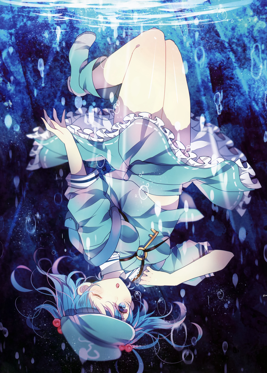 absurdres backpack bag blue_eyes blue_hair blush boots bubble domotolain frilled_skirt frills full_body hair_bobbles hair_ornament hat highres kawashiro_nitori key long_sleeves looking_at_viewer one_eye_closed open_mouth rubber_boots scan shirt skirt skirt_set solo touhou twintails underwater upside-down