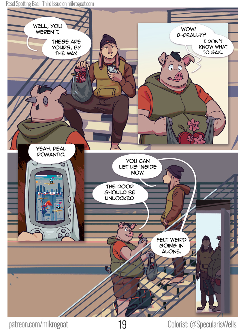 abe_(mikrogoat) anthro athletic athletic_anthro basil_(mikrogoat) comic controller dialogue domestic_pig duo english_text game_controller hi_res lagomorph leporid male male/male mammal mikrogoat outside overweight overweight_male rabbit stairs suid suina sus_(pig) text url waiting