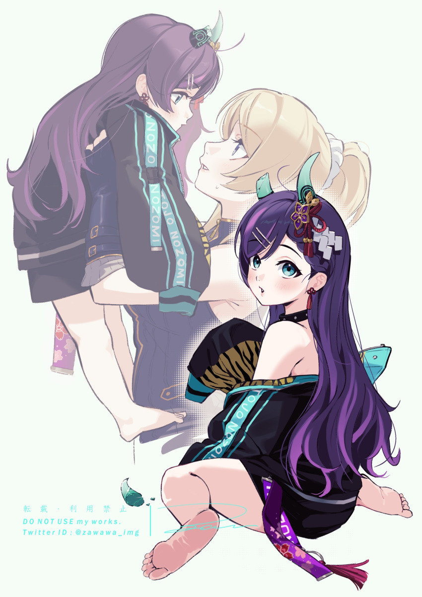 2girls aged_down ayase_eli barefoot blonde_hair blue_eyes green_eyes highres jacket lifting_person love_live! love_live!_school_idol_project multiple_girls purple_hair tojo_nozomi watermark white_background zawawa_(satoukibi1108)