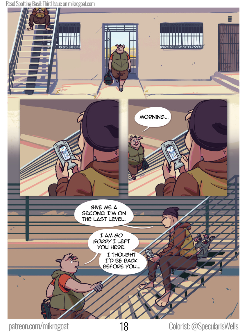 abe_(mikrogoat) anthro athletic athletic_anthro basil_(mikrogoat) comic controller dialogue domestic_pig duo english_text game_controller hi_res lagomorph leporid male male/male mammal mikrogoat overweight overweight_male rabbit stairs suid suina sus_(pig) text url waiting