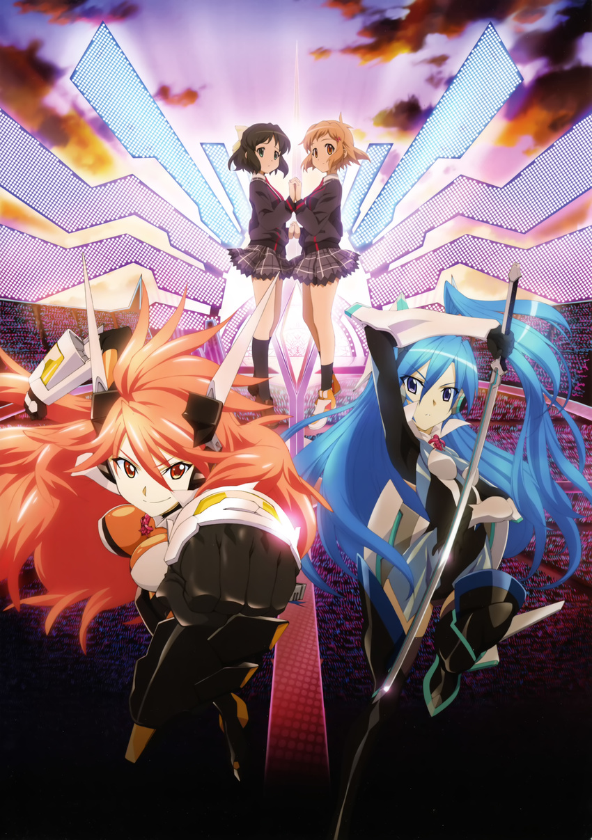 amou_kanade bodysuit headphones kazanari_tsubasa kohinata_miku seifuku senki_zesshou_symphogear sword tachibana_hibiki thighhighs