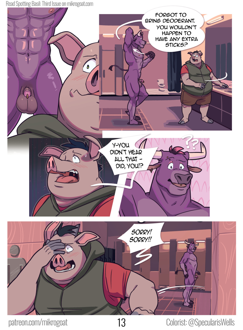 abs anthro balls basil_(mikrogoat) big_balls bottomwear bovid bovine cattle clothing comic dialogue domestic_pig duo english_text genital_piercing genitals hi_res locker_room male male/male mammal mikrogoat muscular muscular_anthro muscular_male nude overweight overweight_anthro overweight_male penis penis_piercing perry_(mikrogoat) piercing shirt shorts small_penis suid suina sus_(pig) text topwear url