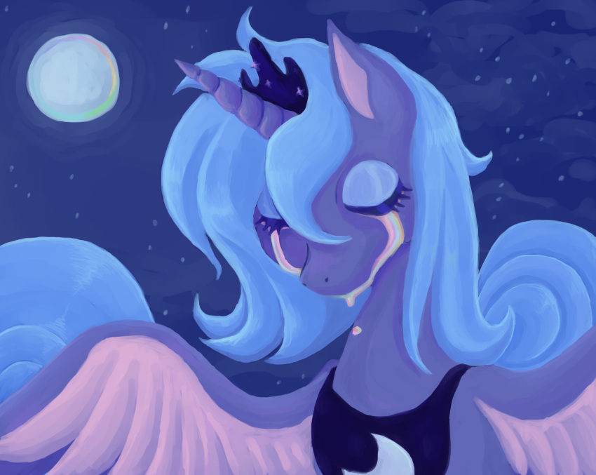 bodily_fluids crescent_(shape) crying equid equine eyelashes eyes_closed female feral friendship_is_magic hair hasbro hi_res horn long_eyelashes long_hair mammal my_little_pony mythological_creature mythological_equine mythology night princess_luna_(mlp) sky solo spread_wings star tears teochronico winged_unicorn wings