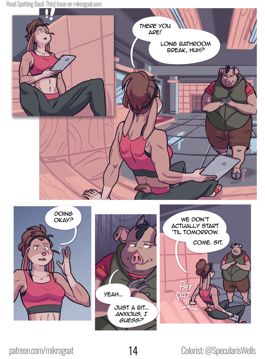 anthro athletic athletic_wear basil_(mikrogoat) comic dialogue domestic_pig duo english_text female gym hi_res lagomorph leporid male male/female mammal mikrogoat nervous overweight overweight_male rabbit ruby_(mikrogoat) suid suina sus_(pig) text url