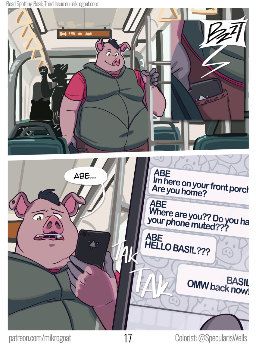 abe_(mikrogoat) angry anthro basil_(mikrogoat) comic dialogue domestic_pig english_text greeting hi_res inside_train male mammal mikrogoat overweight overweight_male solo suid suina sus_(pig) text text_message url
