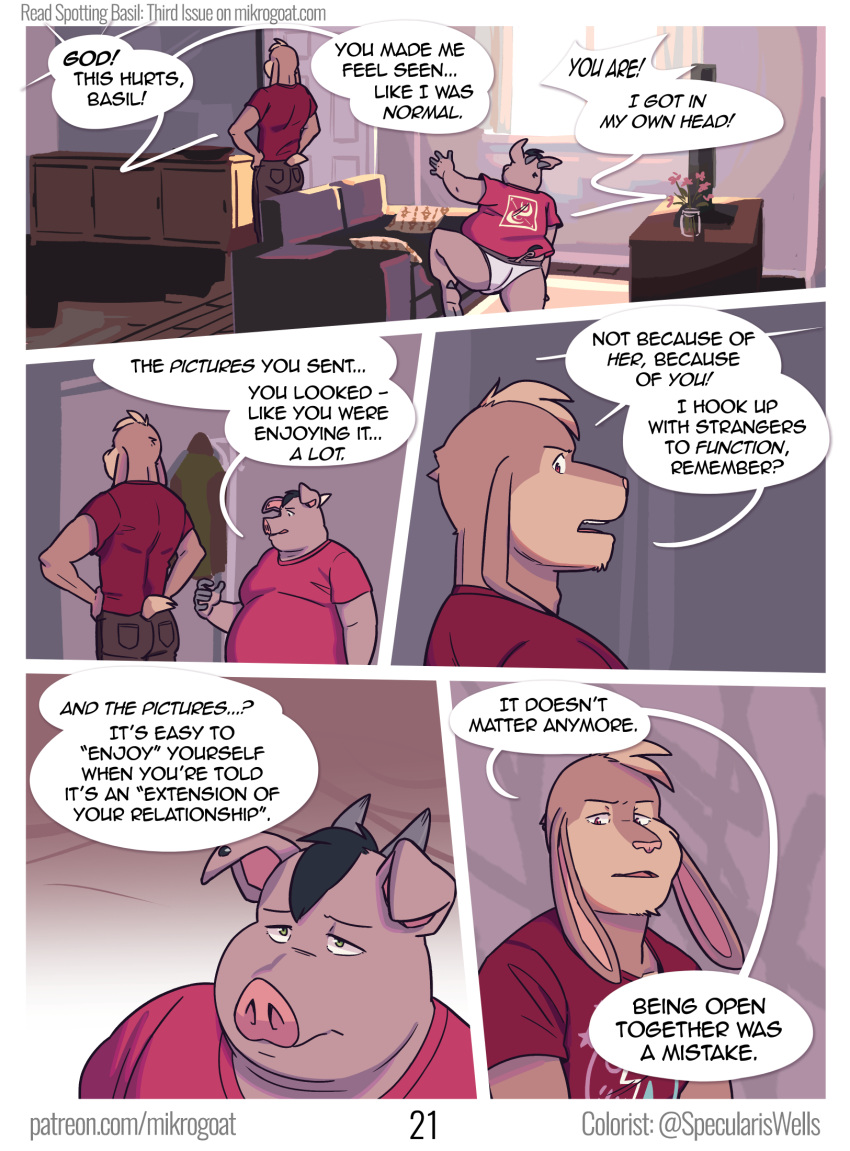 abe_(mikrogoat) angry anthro athletic athletic_anthro basil_(mikrogoat) biped clothing comic dialogue domestic_pig duo english_text hi_res lagomorph leporid male male_anthro mammal mikrogoat overweight overweight_anthro overweight_male rabbit suid suina sus_(pig) text underwear url