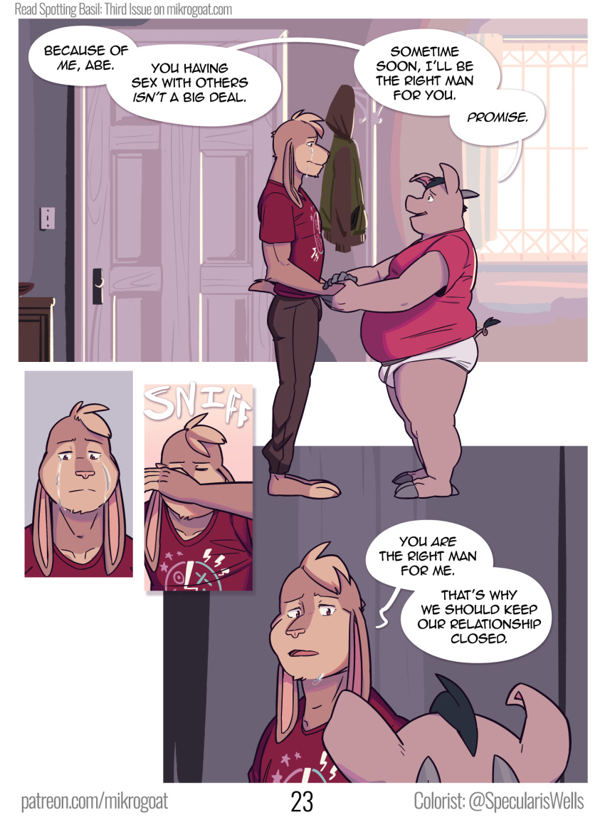 abe_(mikrogoat) anthro argument athletic athletic_anthro basil_(mikrogoat) bodily_fluids comforting comic dialogue domestic_pig duo english_text hi_res lagomorph leporid male male/male mammal mikrogoat rabbit sad speech_bubble suid suina sus_(pig) tears tears_on_cheek text url