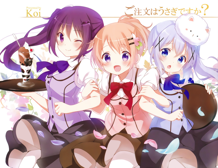 :d ;) alternate_hairstyle animal animal_on_head artist_name blue_bow blue_eyes bow brown_hair bunny bunny_on_head chestnut_mouth copyright_name eyebrows_visible_through_hair food girl_sandwich gochuumon_wa_usagi_desu_ka? high_ponytail highres holding holding_tray hoto_cocoa ice_cream kafuu_chino koi_(koisan) long_hair multiple_girls on_head one_eye_closed open_mouth parfait petals purple_bow purple_eyes purple_hair red_bow sandwiched side_ponytail silver_hair smile sundae tedeza_rize tippy_(gochiusa) tray waitress white_legwear