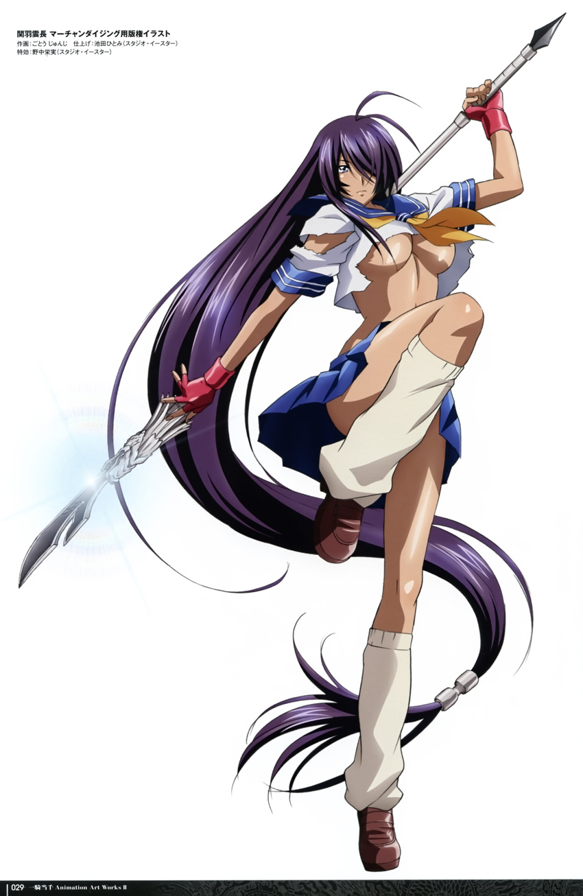 absurdly_long_hair absurdres blue_skirt breasts cleavage full_body gotou_junji hair_ornament hair_over_one_eye highres holding holding_weapon ikkitousen kan'u_unchou large_breasts long_hair low-tied_long_hair pleated_skirt polearm purple_hair shirt simple_background skirt solo tied_hair torn_clothes torn_shirt underboob very_long_hair weapon white_background white_legwear white_shirt