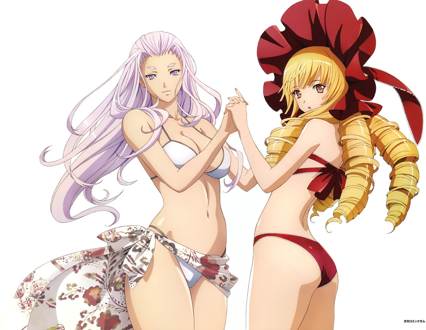 absurdres ass bikini blonde_hair breasts brown_eyes cleavage collarbone drill_hair hat highres himiko_(ikkitousen) holding_hands ikkitousen interlocked_fingers long_hair looking_at_viewer medium_breasts minamoto_kurou_yoshitsune_(ikkitousen) multiple_girls navel official_art purple_eyes purple_hair red_bikini rin-sin simple_background swimsuit white_background white_bikini