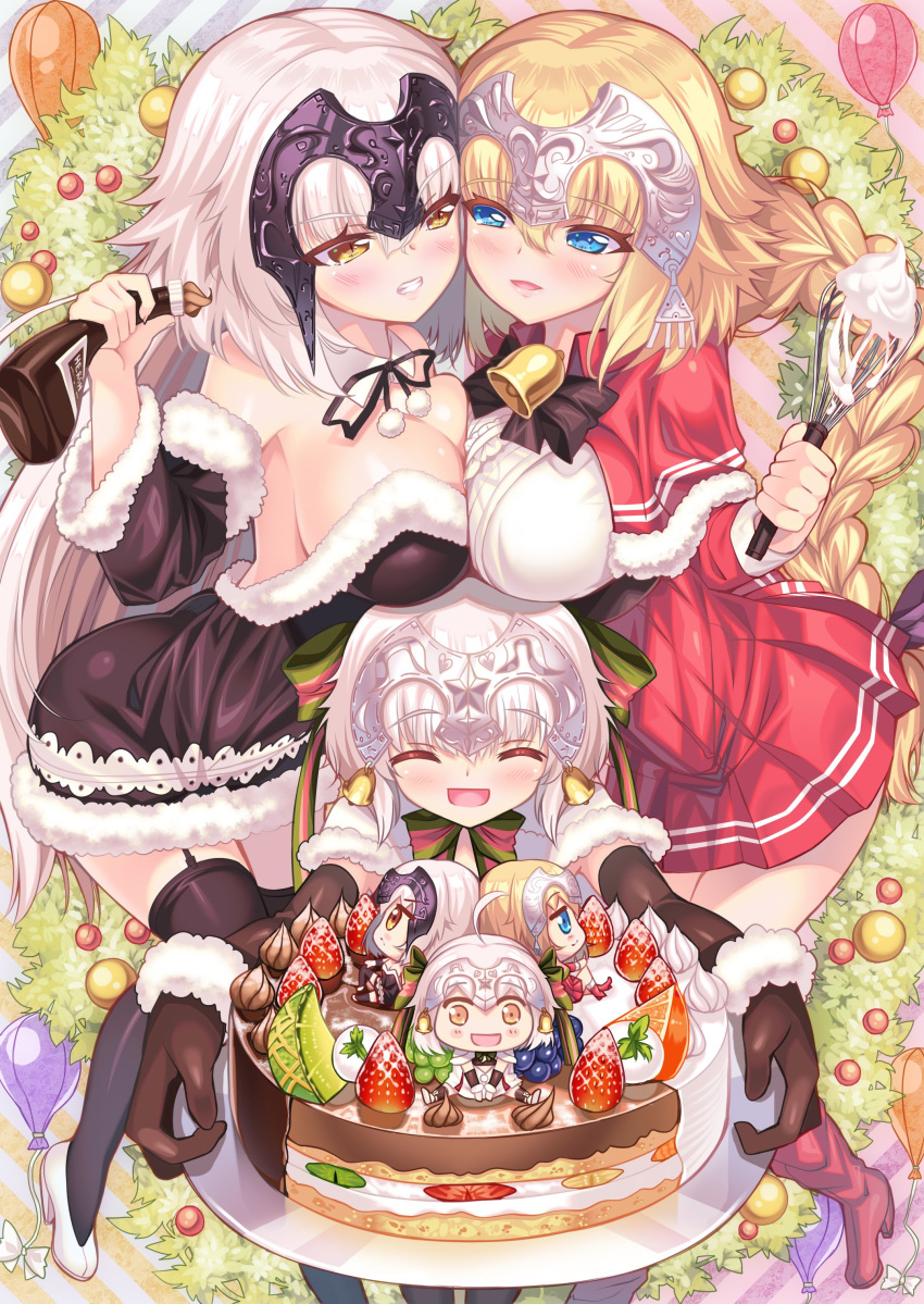 chibi cleavage dress fate/grand_order heels jeanne_d'arc jeanne_d'arc_(alter)_(fate) jeanne_d'arc_(fate) jeanne_d'arc_alter_santa_lily no_bra stockings symmetrical_docking thighhighs tonchan