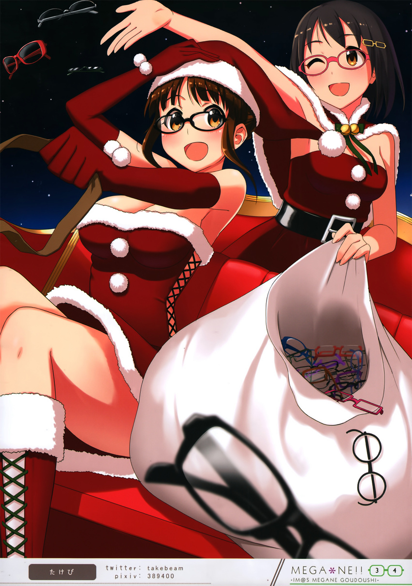 akizuki_ritsuko christmas cleavage dress kamijou_haruna megane no_bra takebeam the_idolm@ster the_idolm@ster_cinderella_girls
