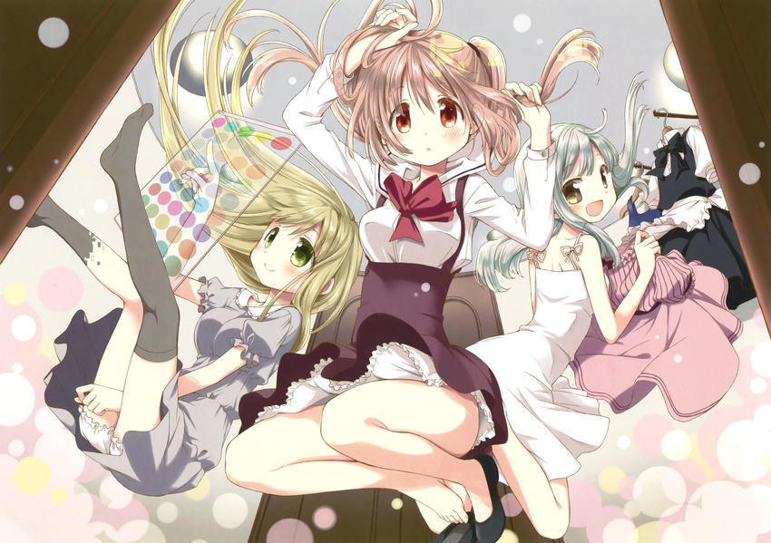 :d absurdres aoki_ume apron arm_up barefoot between_legs black_bow black_footwear black_legwear black_neckwear bloomers bow bowtie breasts brown_eyes clothes_hanger digital_dissolve dress floating_hair frilled_apron frills full_body green_eyes green_hair grey_dress hand_between_legs hand_in_hair highres holding_clothes holographic_interface lens_flare long_hair medium_breasts multiple_girls no_shoes no_socks open_mouth original parted_lips pink_hair red_bow red_neckwear sailor_collar shirt shoes shoes_removed short_sleeves single_shoe skirt smile spaghetti_strap sundress thighhighs twintails underwear very_long_hair waist_apron white_bloomers white_dress white_shirt yellow_eyes