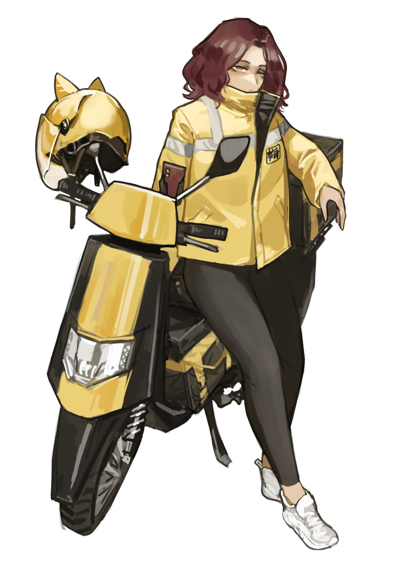 1girl absurdres alternate_costume black_pants brown_eyes brown_hair commentary_request contemporary elden_ring facial_tattoo helmet highres jacket long_sleeves melina_(elden_ring) miao_jiangyou motor_vehicle motorcycle motorcycle_helmet one_eye_closed pants pocket shoes simple_background sitting sneakers solo tattoo white_background white_sneakers yellow_jacket