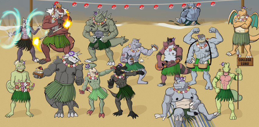 2_toes 3_toes 4_toes abs accessory aggron alolan_form alolan_marowak anthro anton_o'moore bared_teeth barefoot beach beach_towel belly beverage biceps big_muscles biped blastoise blue_body blue_scales blush blush_lines bongo_drum bottomwear bracelet breloom bryan_hall claws clothed clothing coconut coconut_drink crossed_arms curtis_sara_taylor dancing dragonite dressing drum drupe_(fruit) erect_nipples erection eyebrows feet femboy fire fire_dancer fire_dancing fire_performance flower flower_necklace flower_on_head food fossil_pokemon fruit garland garth_forest generation_1_pokemon generation_2_pokemon generation_3_pokemon generation_5_pokemon generation_6_pokemon generation_7_pokemon genitals grass_skirt green_body green_scales grey_body grey_scales group hand_on_hip hawaiian herbert_gillespie hi_res hibiscus hula hula_dancer hula_dancing humanoid_feet humanoid_genitalia humanoid_penis hunter-husky jewelry kecleon krookodile lei looking_at_viewer luau lute machamp machoke male male/male markings mature_male melee_weapon musclegut muscular muscular_male musical_instrument navel necklace nervous nintendo nipples open_mouth orange_body orange_scales party penis percussion_instrument performance_art plant plantigrade plucked_string_instrument pokeball pokemon pokemon_(species) polearm pupils purple_sclera raymond_davis red_body red_scales regional_form_(pokemon) rhydon salandit sand scales scalie sea sebas_cooper sexual_tension shane_barker shoreline shoulder_strap sign skirt snout spear spikes spikes_(anatomy) strength string_instrument tail tattoo teeth toes tongue topless topless_anthro topless_male torch towel treecko trenton_liddle tribal tribal_markings triceps twunk tyranitar tyrantrum ukulele ulisez_golderer unnamed_character ventral_scales wardrobe_malfunction water weapon white_sclera yellow_sclera