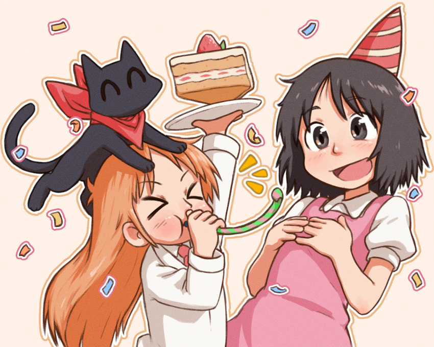 >_< 2girls :d ^_^ apron beachepisode birthday birthday_cake black_cat black_eyes black_hair cake cat closed_eyes closed_lab_coat food happy_birthday hat highres holding holding_plate lab_coat multiple_girls nichijou orange_hair own_hands_together party_hat party_horn pink_apron plate professor_shinonome sakamoto_(nichijou) shinonome_nano smile strawberry_cake yellow_background