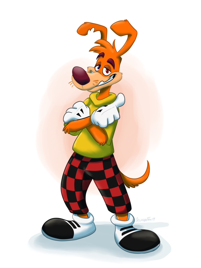 2019 anthro canid canine canis cartoon_network clothed clothing dog footwear fur gloves heterochromia male mammal moxy moxy_(the_moxy_show) notched_ear orange_fur orlandofox raised_eyebrow simple_background solo the_moxy_show white_background