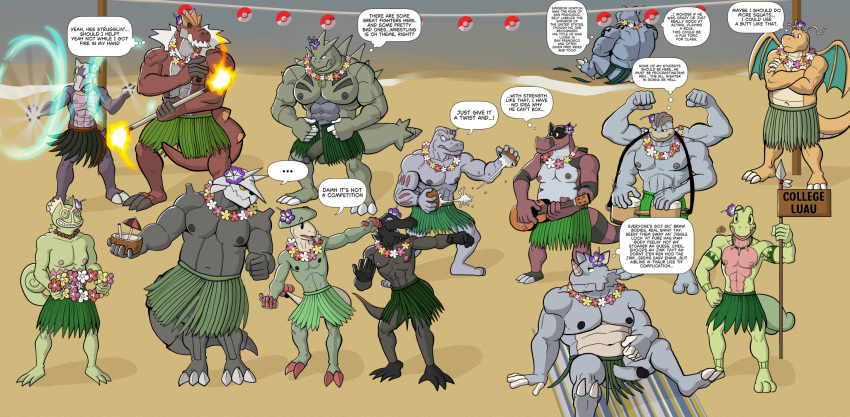 2_toes 3_toes 4_toes abs accessory aggron alolan_form alolan_marowak anthro anton_o'moore bared_teeth barefoot beach beach_towel belly beverage biceps big_muscles biped blastoise blue_body blue_scales blush blush_lines bongo_drum bottomwear bracelet breloom bryan_hall claws clothed clothing coconut coconut_drink comic crossed_arms curtis_sara_taylor dancing dialogue dragonite dressing drum drupe_(fruit) erect_nipples erection eyebrows feet femboy fire fire_dancer fire_dancing fire_performance flower flower_necklace flower_on_head food fossil_pokemon fruit garland garth_forest generation_1_pokemon generation_2_pokemon generation_3_pokemon generation_5_pokemon generation_6_pokemon generation_7_pokemon genitals grass_skirt green_body green_scales grey_body grey_scales group hand_on_hip hawaiian herbert_gillespie hi_res hibiscus hula hula_dancer hula_dancing humanoid_feet humanoid_genitalia humanoid_penis hunter-husky jewelry kecleon krookodile lei looking_at_viewer luau lute machamp machoke male male/male markings mature_male melee_weapon musclegut muscular muscular_male musical_instrument navel necklace nervous nintendo nipples one_panel_comic open_mouth orange_body orange_scales party penis percussion_instrument performance_art plant plantigrade plucked_string_instrument pokeball pokemon pokemon_(species) polearm pupils purple_sclera raymond_davis red_body red_scales regional_form_(pokemon) rhydon salandit sand scales scalie sea sebas_cooper sexual_tension shane_barker shoreline shoulder_strap sign skirt snout spear speech_bubble spikes spikes_(anatomy) strength string_instrument tail tattoo teeth toes tongue topless topless_anthro topless_male torch towel treecko trenton_liddle tribal tribal_markings triceps twunk tyranitar tyrantrum ukulele ulisez_golderer unnamed_character ventral_scales wardrobe_malfunction water weapon white_sclera yellow_sclera