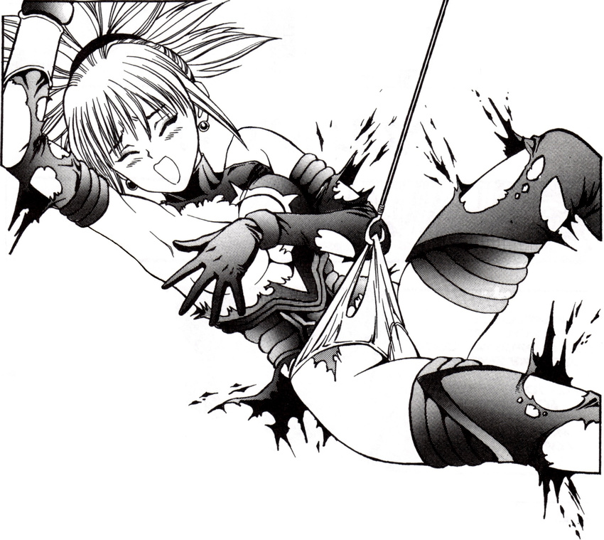 breast_hold breasts monochrome no_bra pantsu panty_pull shadow_lady thighhighs torn_clothes