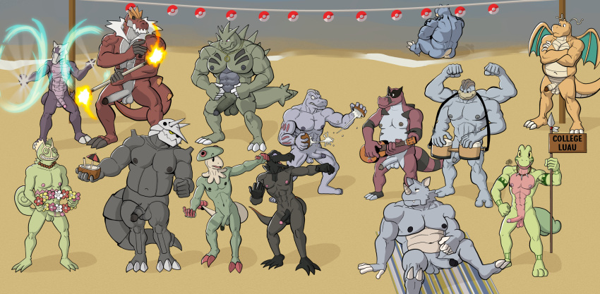 2_toes 3_toes 4_toes abs aggron alolan_form alolan_marowak anthro anton_o'moore bared_teeth barefoot beach beach_towel belly beverage biceps big_muscles biped blastoise blue_body blue_scales blush blush_lines bongo_drum bottomless bottomless_male breloom bryan_hall claws clothed clothing coconut coconut_drink crossed_arms curtis_sara_taylor dancing dragonite drum drupe_(fruit) erect_nipples erection exhibitionism eyebrows feet femboy fire fire_dancer fire_dancing fire_performance flaccid food fossil_pokemon fruit garland garth_forest generation_1_pokemon generation_2_pokemon generation_3_pokemon generation_5_pokemon generation_6_pokemon generation_7_pokemon genitals green_body green_scales grey_body grey_scales group hand_on_hip hawaiian herbert_gillespie hi_res hula hula_dancer hula_dancing humanoid_feet humanoid_genitalia humanoid_penis hunter-husky kecleon krookodile looking_at_viewer luau lute machamp machoke male male/male markings mature_male melee_weapon musclegut muscular muscular_male musical_instrument navel nervous nintendo nipples nude nude_beach open_mouth orange_body orange_scales party penis percussion_instrument performance_art plant plantigrade plucked_string_instrument pokeball pokemon pokemon_(species) polearm pupils purple_sclera raymond_davis red_body red_scales regional_form_(pokemon) rhydon salandit sand scales scalie sea sebas_cooper shane_barker shoreline shoulder_strap sign snout spear spikes spikes_(anatomy) strength string_instrument tail tattoo teeth toes tongue topless topless_anthro topless_male torch towel treecko trenton_liddle tribal tribal_markings triceps twunk tyranitar tyrantrum ukulele ulisez_golderer unnamed_character vein veiny_penis ventral_scales water weapon white_sclera yellow_sclera