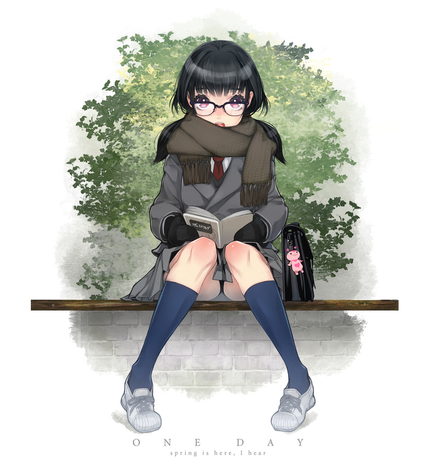 bag black_hair book glasses gloves highres hitowa legs original purple_eyes school_uniform sitting skirt solo twintails