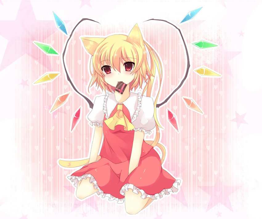 animal_ears bad_id bad_pixiv_id blonde_hair cat_ears cat_tail flandre_scarlet fuyu-nagi gift heart heart_background heart_wings kemonomimi_mode mouth_hold no_hat no_headwear ponytail red_eyes short_hair side_ponytail solo striped striped_background tail touhou wings