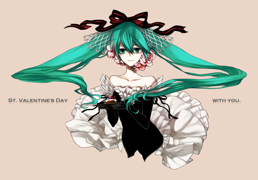 aqua_eyes aqua_hair bad_id bad_pixiv_id bare_shoulders bow cake corow elbow_gloves flower food gloves hair_bow hair_flower hair_ornament hair_ribbon hatsune_miku long_hair pastry plate ribbon smile solo twintails valentine very_long_hair vocaloid