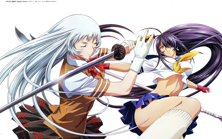 absurdres black_hair blue_eyes blue_skirt brown_skirt chouun_shiryuu closed_eyes earrings fingerless_gloves gloves hair_over_one_eye highres holding holding_sword holding_weapon huge_filesize ikkitousen jewelry kan'u_unchou katana long_hair magatama magatama_earrings midriff multiple_girls navel pleated_skirt polearm red_gloves rin-sin shirt silver_hair simple_background skirt sword very_long_hair weapon white_background white_gloves white_legwear white_shirt