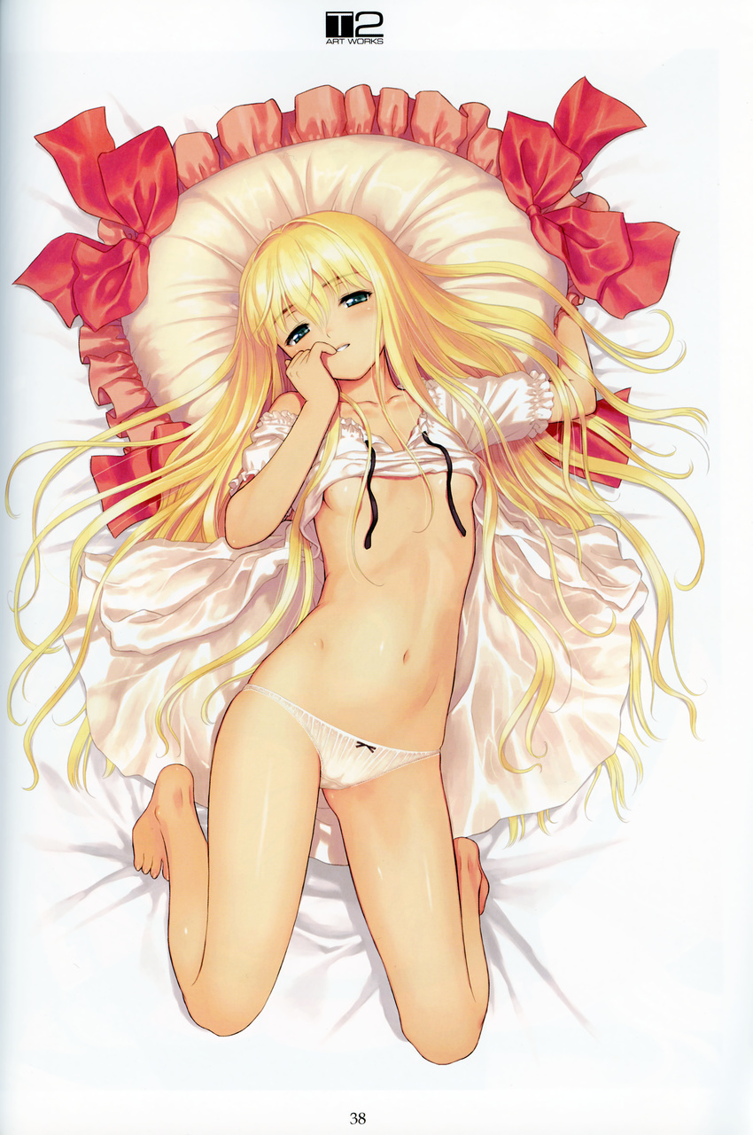 absurdres artist_name barefoot bed_sheet black_ribbon blonde_hair breasts cameltoe collarbone dress dress_lift finger_to_mouth france_shoujo from_above full_body green_eyes groin highres long_hair looking_at_viewer lying midriff navel on_back page_number panties parted_lips pillow ribbon shiny shiny_skin short_sleeves shoujo small_breasts solo stomach tanaka_takayuki underboob underwear untied white_dress white_panties