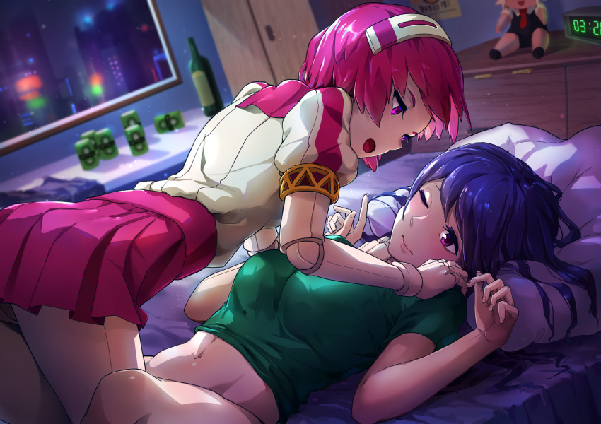 2girls absurdres android arms_up bed beer_can between_thighs blue_hair blurry blush bottle breasts cabinet can city clock depth_of_field digital_clock doll_joints dorothy_(va-11_hall-a) dust_particles eye_contact fingernails green_shirt headband highres huge_filesize julianne_stingray legs lips long_hair looking_at_another lying medium_breasts mr.lime multiple_girls navel on_back on_bed one_eye_closed open_mouth pillow pink_hair purple_eyes pursed_lips robot shirt short_hair short_sleeves skirt small_breasts va-11_hall-a yuri