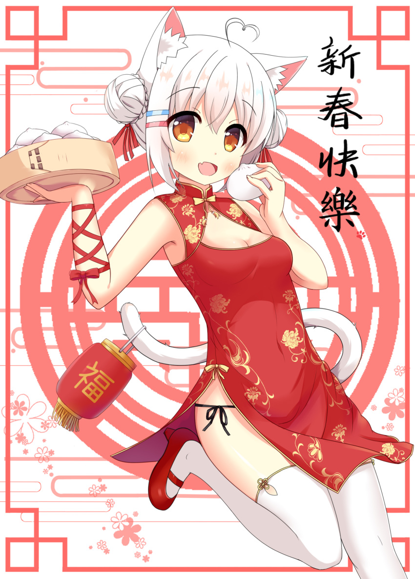 1girl :d ahoge animal_ear_fluff animal_ears bamboo_steamer bangs baozi black_panties blush breasts brown_eyes cat_ears cat_girl cat_tail china_dress chinese_clothes cleavage cleavage_cutout commentary_request double_bun dress egasumi eyebrows_visible_through_hair fang fingernails food hair_between_eyes hair_ornament hair_ribbon hairclip heart_ahoge high_heels highres holding holding_food looking_at_viewer open_mouth original panties red_dress red_footwear red_ribbon ribbon shoes side-tie_panties side_bun sidelocks silver_hair small_breasts smile solo standing standing_on_one_leg tail thighhighs translation_request underwear white_legwear xiaosamiao