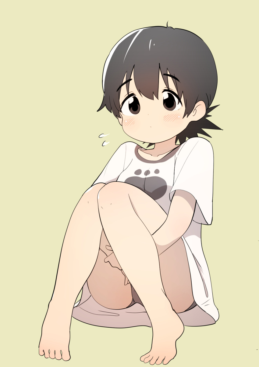 1girl brown_eyes brown_hair bural_chingu eyebrows eyebrows_visible_through_hair feet full_body highres looking_at_viewer luke_(dydansgur) panties seong_mi-na_(bural_chingu) shirt short_hair simple_background solo t-shirt tareme underwear