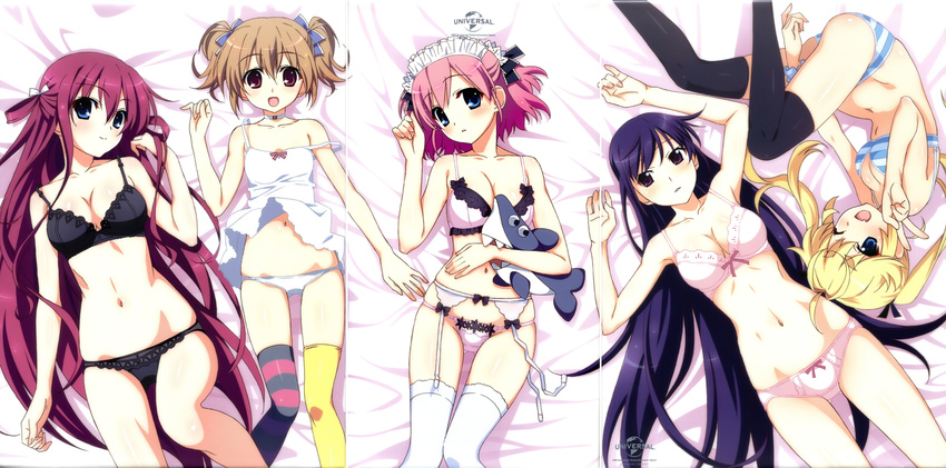 bra cleavage crease garter_belt grisaia_no_kajitsu irisu_makina komine_sachi lingerie maid matsushima_michiru pantsu sakaki_yumiko shimapan stockings suou_amane thighhighs