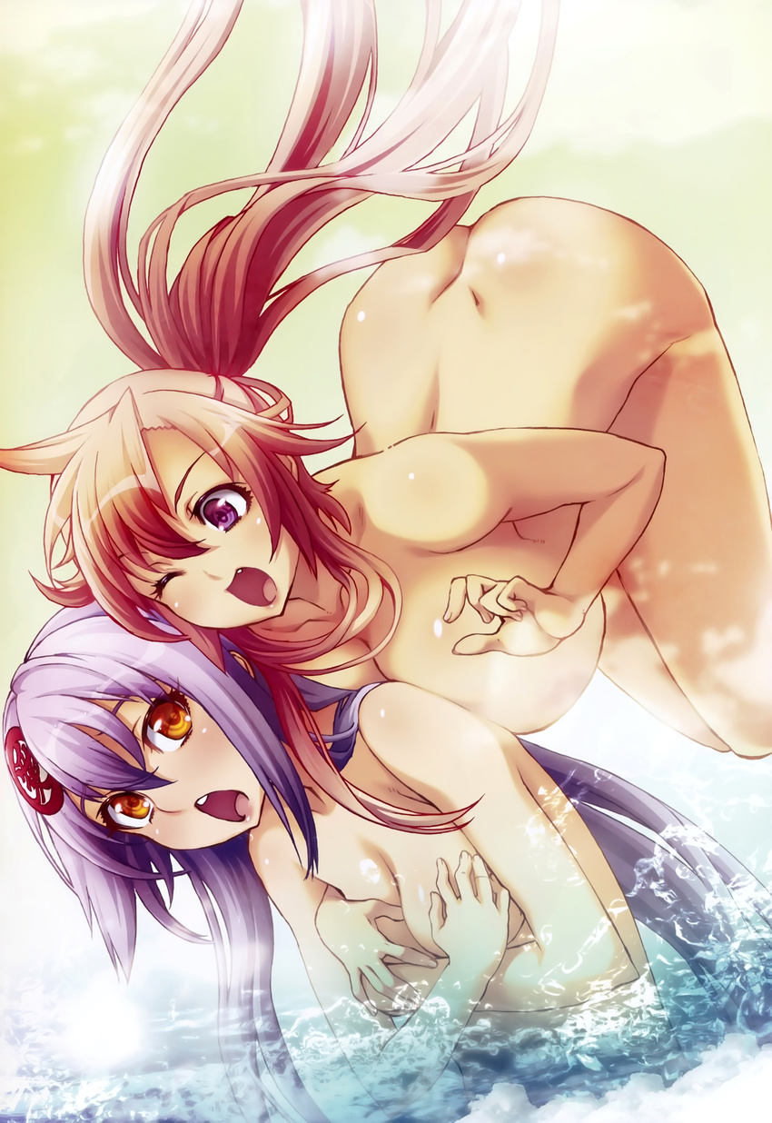 ass breast_hold hyakka_ryouran_samurai_girls naked naoe_kanetsugu naoe_kanetsugu_(hyakka_ryouran) ni&theta; onsen wet yagyuu_juubei_(hyakka_ryouran) yagyuu_juubei_mitsuyoshi