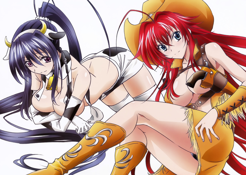 animal_ears bikini_top breast_hold breasts erect_nipples gotou_junji gun highschool_dxd himejima_akeno horns no_bra open_shirt pantsu rias_gremory thighhighs