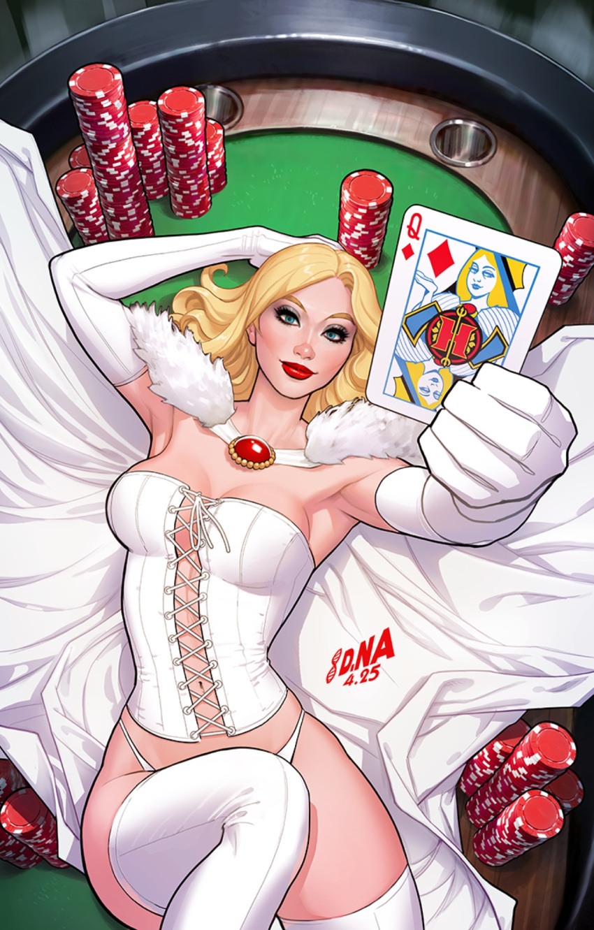 1girl blonde_hair blue_eyes boots breasts cape card corset david_nakayama elbow_gloves emma_frost fur-trimmed_cape fur_trim gloves highres holding holding_card initial long_hair looking_at_viewer lying marvel on_back panties poker_chip queen_(playing_card) queen_of_diamonds red_lips solo thigh_boots underwear white_boots white_cape white_corset white_gloves white_panties x-men
