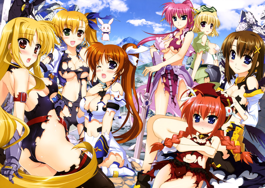 ass breast_hold breasts fate_testarossa fujima_takuya heterochromia mahou_shoujo_lyrical_nanoha mahou_shoujo_lyrical_nanoha_vivid no_bra nopan sacred_heart shamal signum sword takamachi_nanoha thighhighs torn_clothes vita vivio yagami_hayate